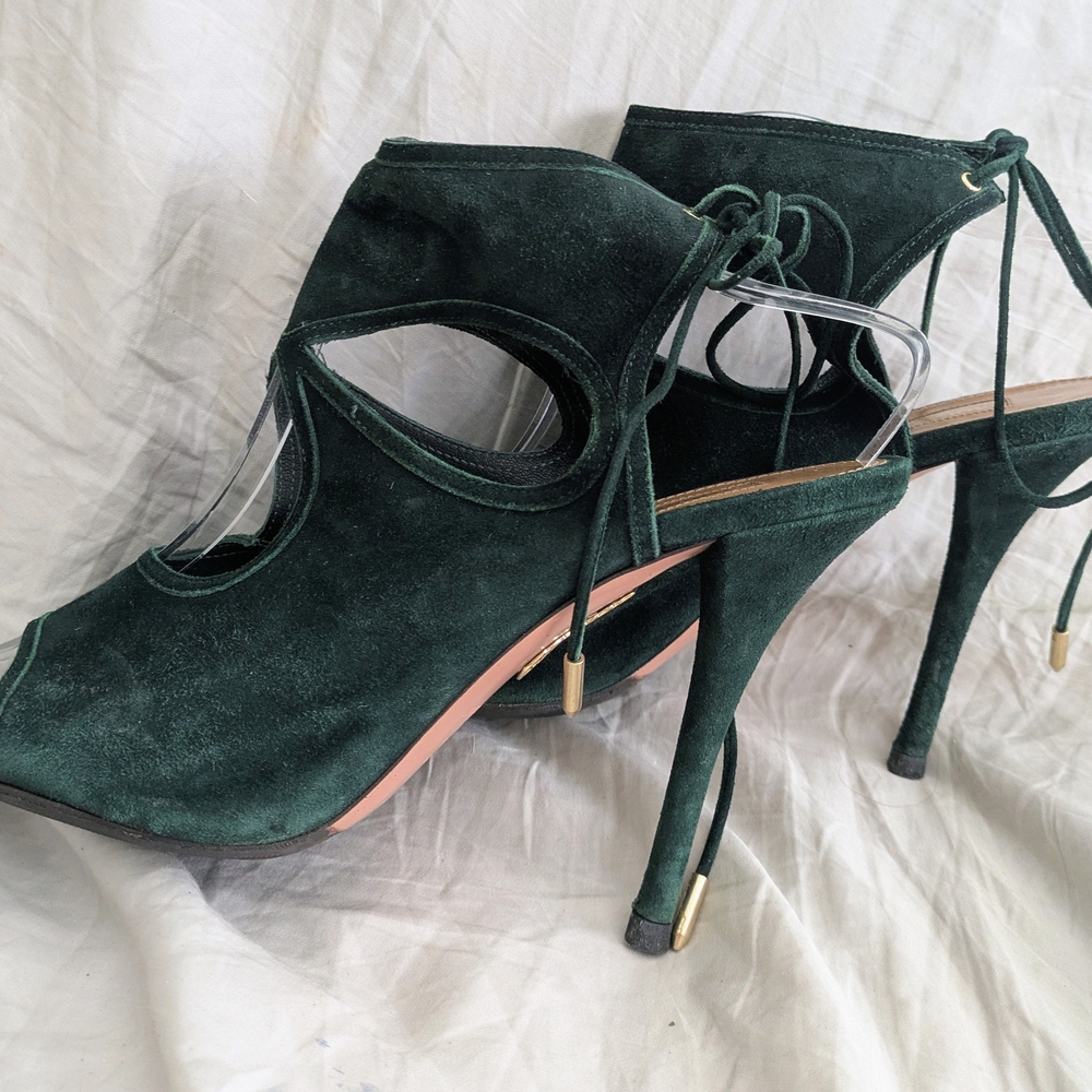 Aquazzura Dark Green Gladiator Tie Up Suede Heels